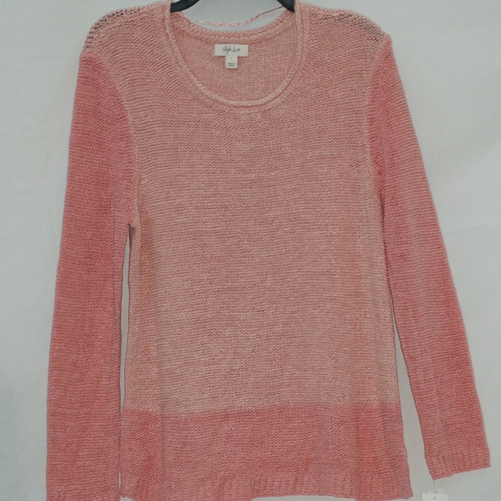 Style & Co. Womens Open Stitch Ribbed Trim Pullover Sweater Pink L